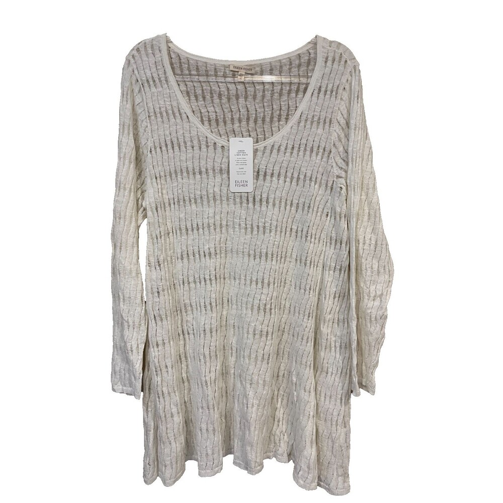 Eileen Fisher NEW size XL Sheer Cotton Linen Wave Scoop Neck Tunic Top White NWT